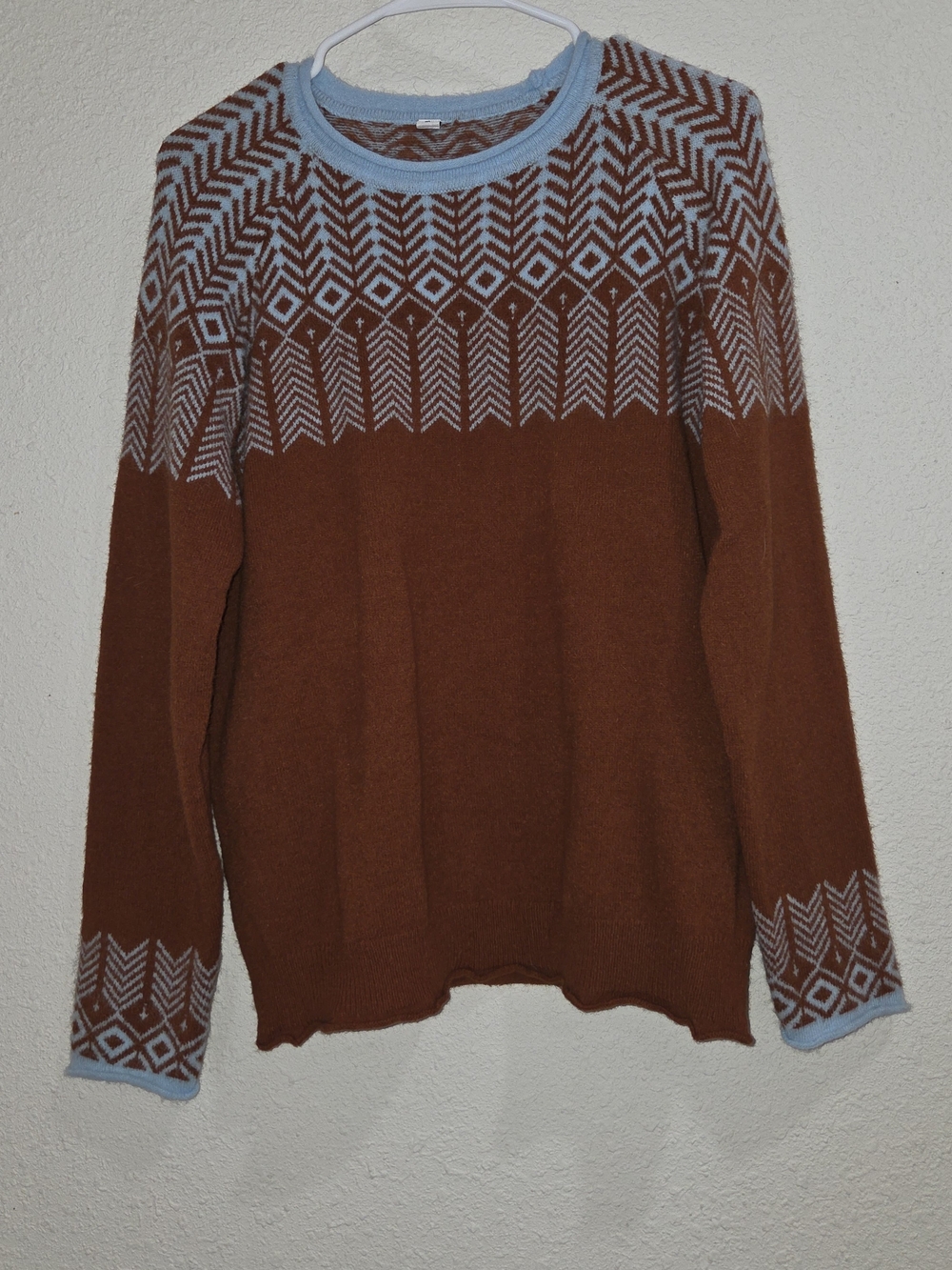 Men's Brown Geometric Crewneck Sweater - Light Blue Trim